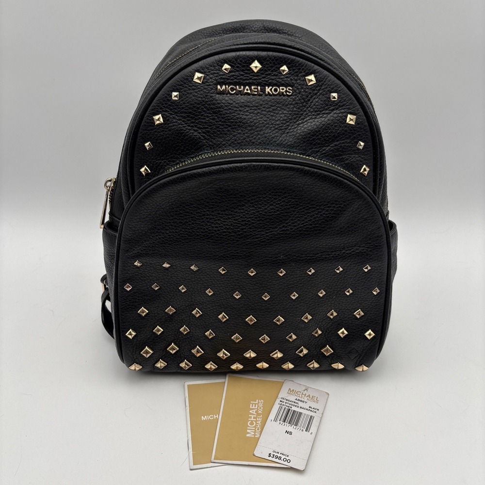 Michael Kors Abbeyβ Black Pebbled Leather Medium Studded Backpack EUC